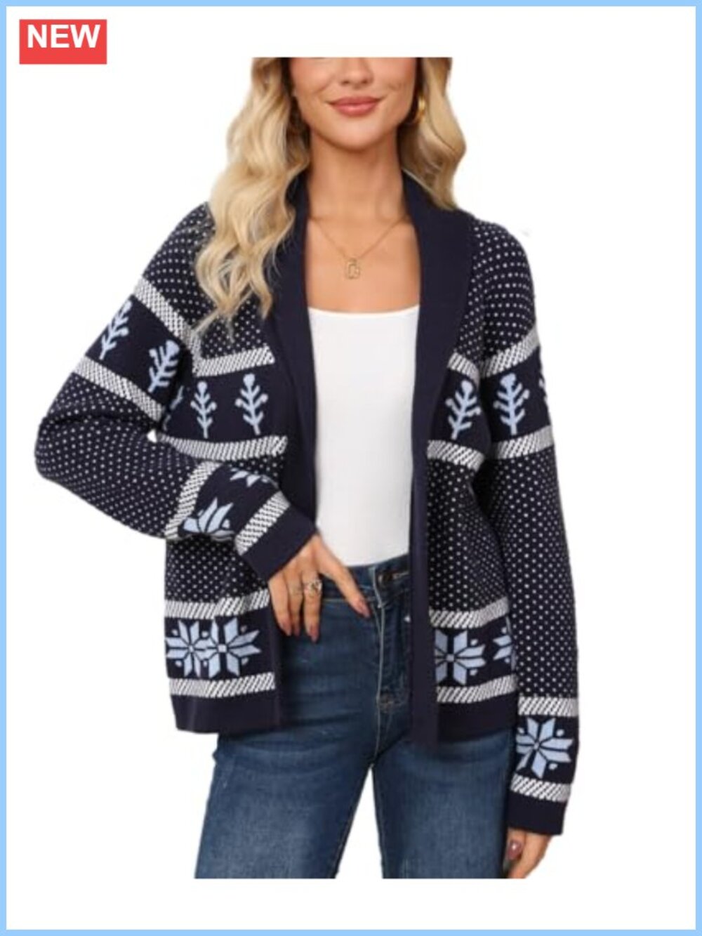 Women Open Front Cardigan Sweater Long Sleeve Knit Snowflake Christmas